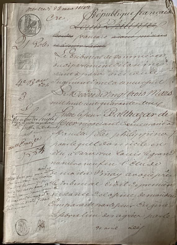 Procès entre Balthazar de MIER, négociant à Manille (Philippines) et G. LAFOND, sur la vente du brick “ Candida “, avec cargaison de riz de Macao.